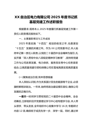XX自治区电力有限公司2025年度书记抓基层党建工作述职报告
