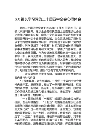 XX镇长学习党的二十届四中全会心得体会
