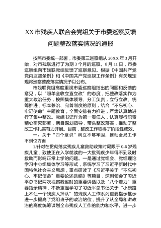 XX市残疾人联合会党组关于市委巡察反馈问题整改落实情况的通报