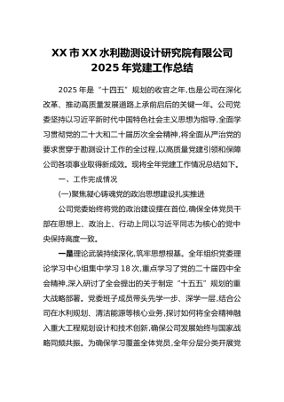XX市XX水利勘测设计研究院有限公司2025年党建工作总结