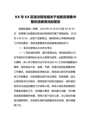 XX市XX区信访局党组关于巡察反馈集中整改进展情况的报告