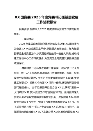 XX国资委2025年度党委书记抓基层党建工作述职报告