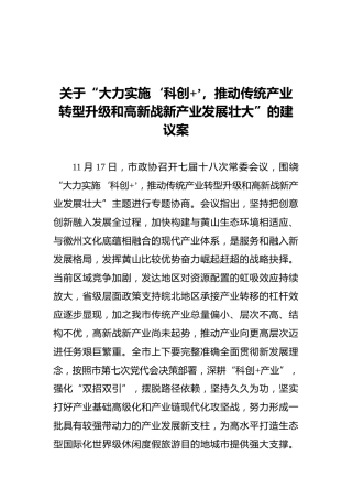 关于“大力实施‘科创+’，推动传统产业转型升级和高新战新产业发展壮大”的建议案