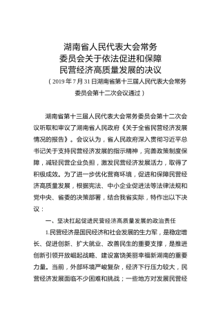 湖南省人民代表大会常务委员会关于依法促进和保障民营经济高质量发展的决议