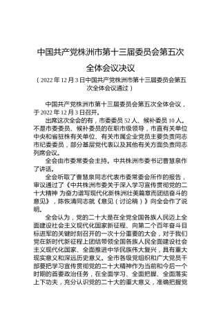 中国共产党株洲市第十三届委员会第五次全体会议决议