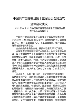 中国共产党旺苍县第十三届委员会第五次全体会议决议