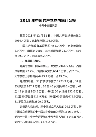 2018年中国共产党党内统计公报