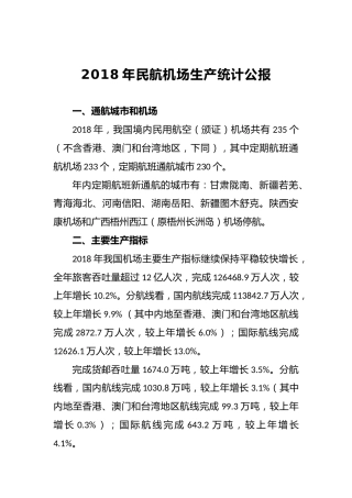 2018年民航机场生产统计公报