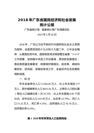 2018年广东省国民经济和社会发展统计公报