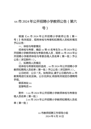xx市2024年公开招聘小学教师公告（第六号）