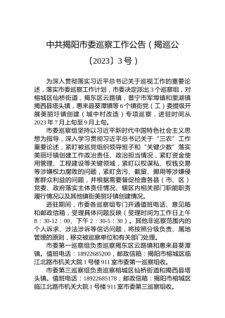 中共揭阳市委巡察工作公告（揭巡公〔2023〕3号）