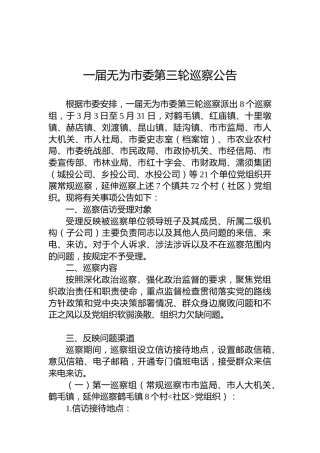 一届无为市委第三轮巡察公告