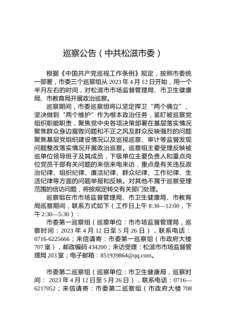 巡察公告（中共松滋市委）