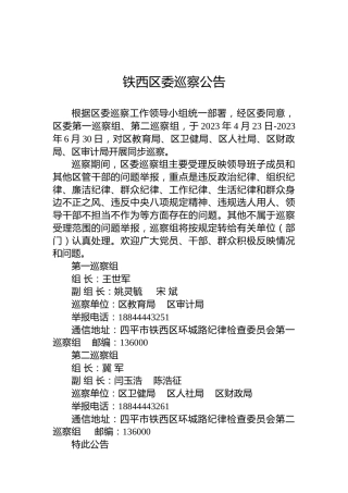 铁西区委巡察公告