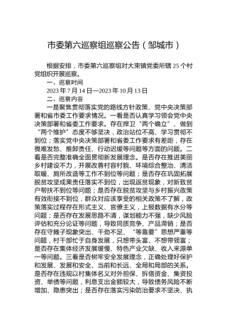 市委第六巡察组巡察公告（邹城市）