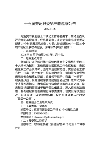 十五届齐河县委第三轮巡察公告