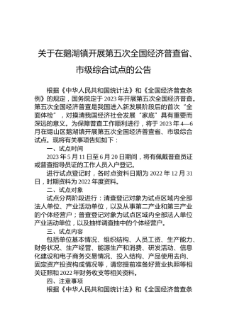 关于在鹅湖镇开展第五次全国经济普查省、市级综合试点的公告