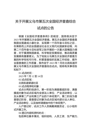 关于开展义乌市第五次全国经济普查综合试点的公告