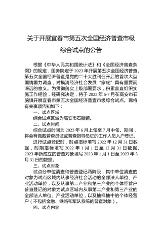 关于开展宜春市第五次全国经济普查市级综合试点的公告