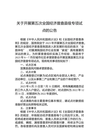 关于开展第五次全国经济普查县级专项试点的公告