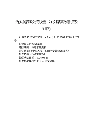 治安类行政处罚决定书（刘某某故意损毁财物)