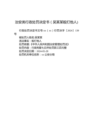 治安类行政处罚决定书（吴某某殴打他人)