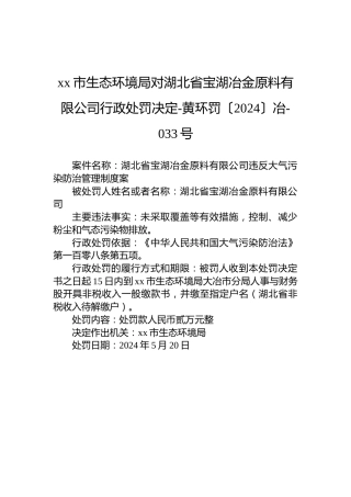 xx市生态环境局对湖北省宝湖冶金原料有限公司行政处罚决定-黄环罚〔2024〕冶-033号