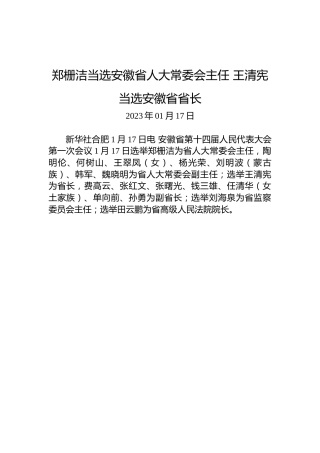 郑栅洁当选安徽省人大常委会主任王清宪当选安徽省省长