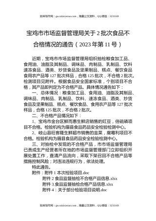 宝鸡市市场监督管理局关于2批次食品不合格情况的通告（2023年第11号）