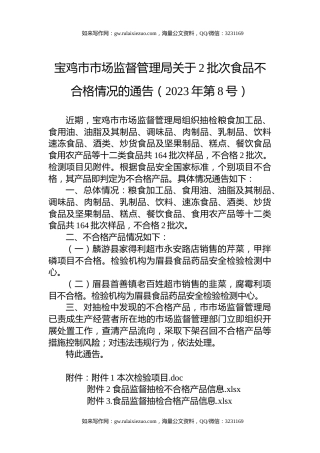 宝鸡市市场监督管理局关于2批次食品不合格情况的通告（2023年第8号）