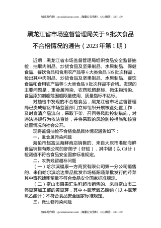 黑龙江省市场监督管理局关于9批次食品不合格情况的通告（2023年第1期）