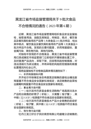 黑龙江省市场监督管理局关于9批次食品不合格情况的通告（2023年第6期）