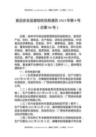 食品安全监督抽检信息通告2023年第9号（总第94号）