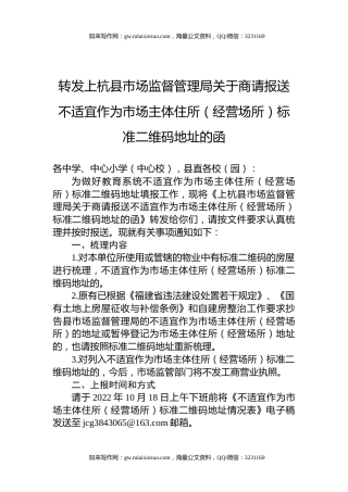 转发上杭县市场监督管理局关于商请报送不适宜作为市场主体住所（经营场所）标准二维码地址的函