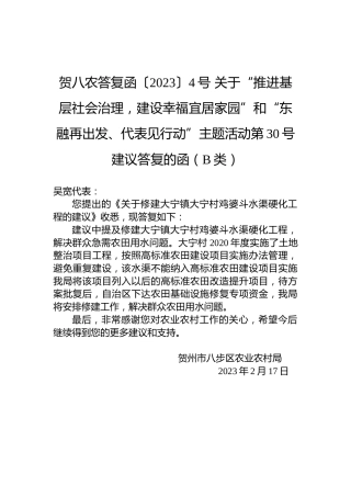 贺八农答复函〔2023〕4号+关于“推进基层社会治理，建设幸福宜居家园”和“东融再出发、代表见行动”主题活动第30号建议答复的函（B类）