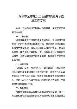 深圳市全市建设工程建材质量专项整治工作方案