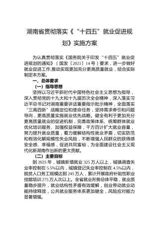 湖南省贯彻落实《“十四五”就业促进规划》实施方案