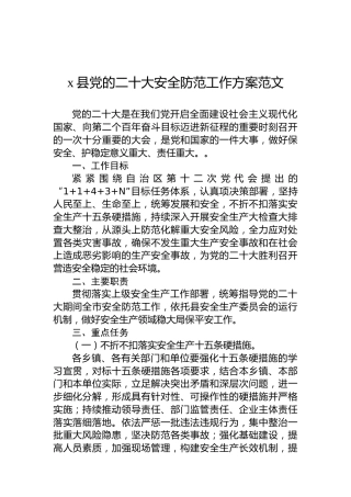 x县党的x大安全防范工作方案范文（20220803）（盛会）