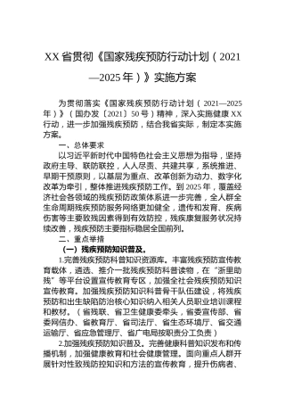 XX省贯彻《国家残疾预防行动计划（2021—2025年）》实施方案(20220506)