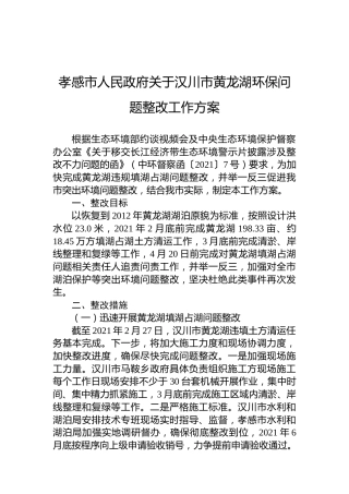 孝感市人民政府关于汉川市黄龙湖环保问题整改工作方案