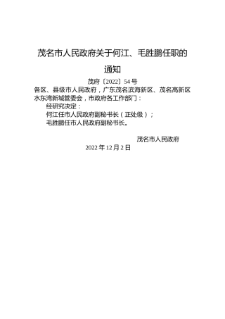 茂名市人民政府关于何江、毛胜鹏任职的通知