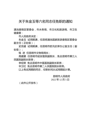 关于朱金玉等六名同志任免职的通知