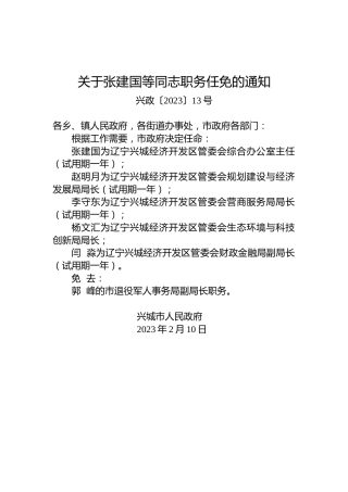 关于张建国等同志职务任免的通知