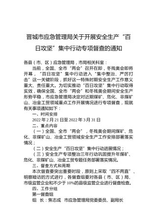 晋城市应急管理局关于开展安全生产“百日攻坚”集中行动专项督查的通知