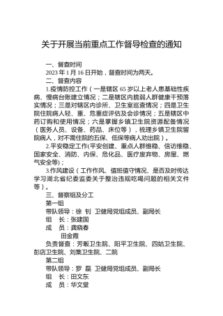 关于开展当前重点工作督导检查的通知