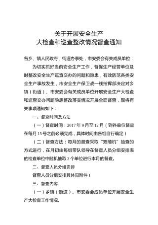 关于开展安全生产大检查和巡查整改情况督查通知