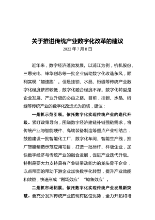 关于推进传统产业数字化改革的建议(20220708)