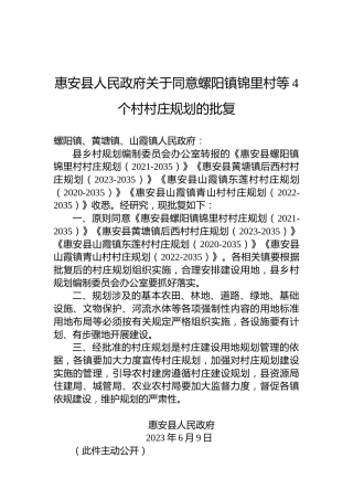 惠安县人民政府关于同意螺阳镇锦里村等4个村村庄规划的批复