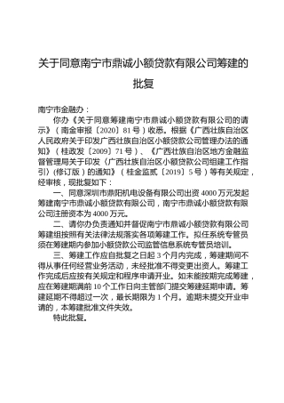 关于同意南宁市鼎诚小额贷款有限公司筹建的批复
