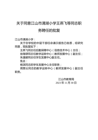 关于同意江山市清湖小学王燕飞等同志职务聘任的批复
